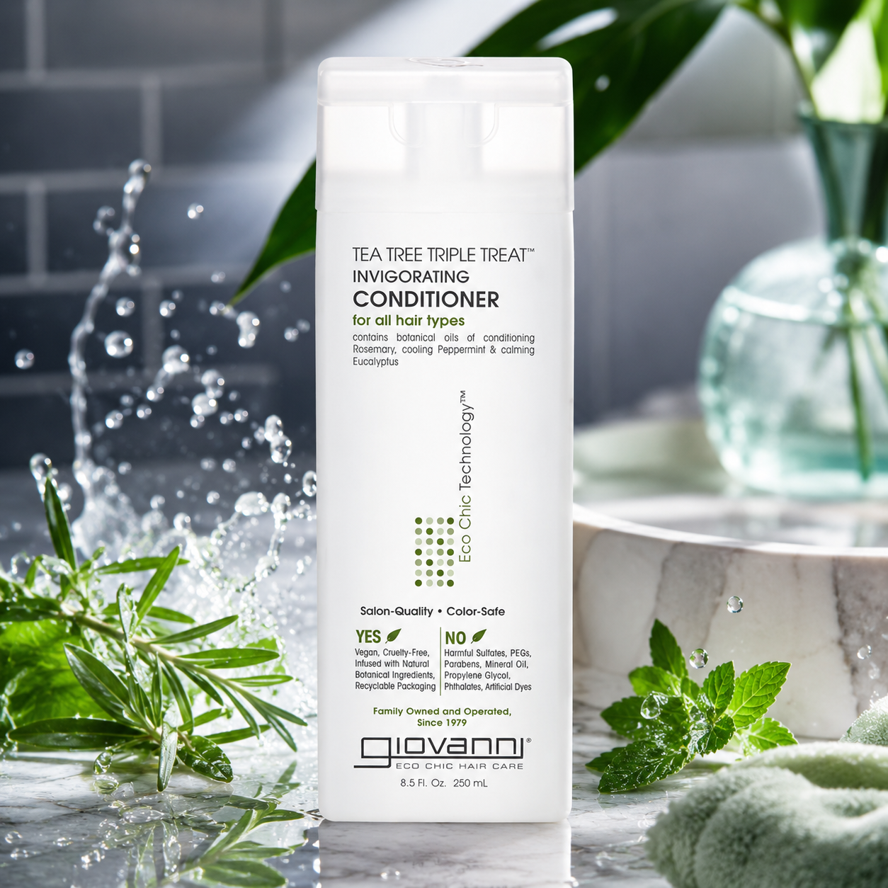 GIOVANNI Tea Tree Triple Treat Invigorating Conditioner Cooling Peppermint Eucalyptus Rosemary Paraben Free For Dry Flaking Scalp Moisturizes Smooths & Detangles 8.5 oz