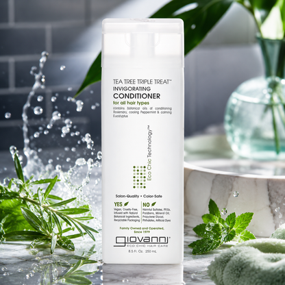 GIOVANNI Tea Tree Triple Treat Invigorating Conditioner Cooling Peppermint Eucalyptus Rosemary Paraben Free For Dry Flaking Scalp Moisturizes Smooths & Detangles 8.5 oz