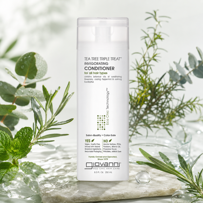 GIOVANNI Tea Tree Triple Treat Invigorating Conditioner Cooling Peppermint Eucalyptus Rosemary Paraben Free For Dry Flaking Scalp Moisturizes Smooths & Detangles 8.5 oz