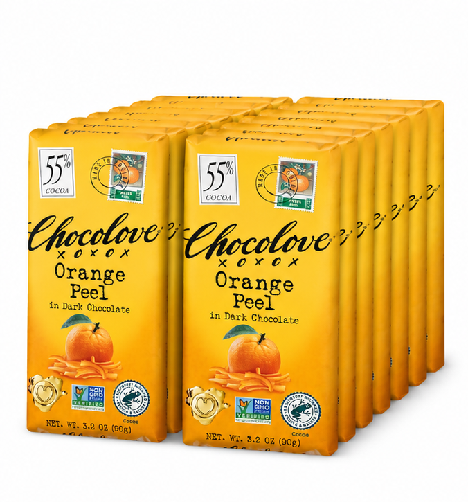 Chocolove Orange Peel Dark Chocolate Bars 55% Cocoa Premium Belgian Dark Chocolate Non GMO Rainforest Alliance Certified Bar 3.2 oz