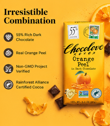 Chocolove Orange Peel Dark Chocolate Bars 55% Cocoa Premium Belgian Dark Chocolate Non GMO Rainforest Alliance Certified Bar 3.2 oz
