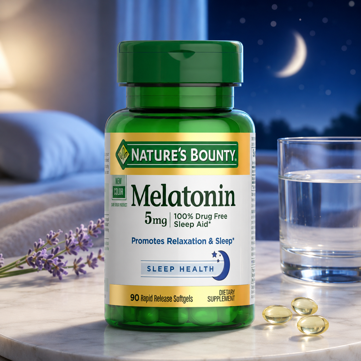 Nature's Bounty Melatonin 5 mg 90 Softgels Dietary Supplement 100% Drug Free Sleep Aid Promotes Relaxation and Sleep Health