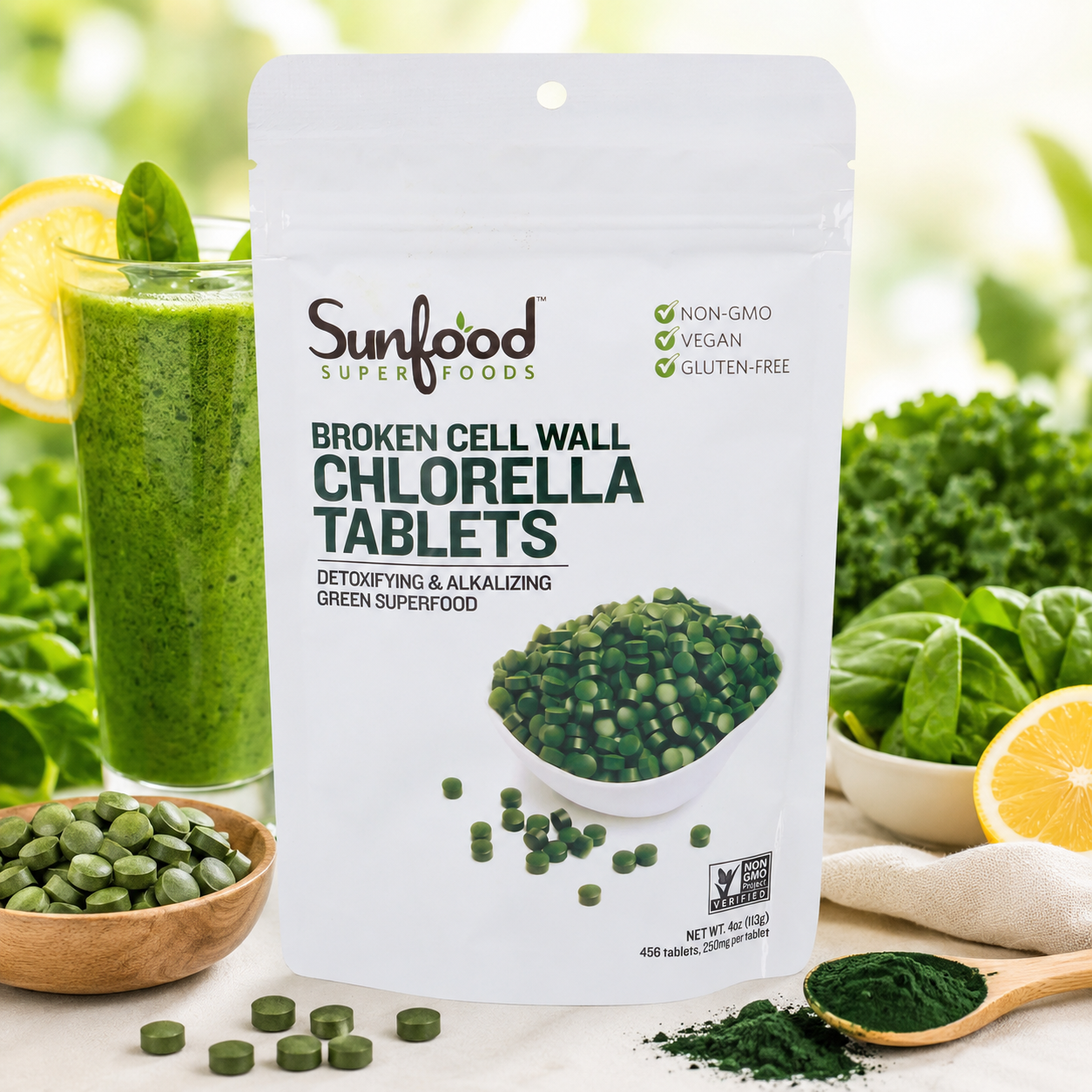 Sunfood Superfoods Chlorella Tablets Broken Cell Wall Algae Chlorophyll Supplement Non GMO Vegan Bag 4 oz