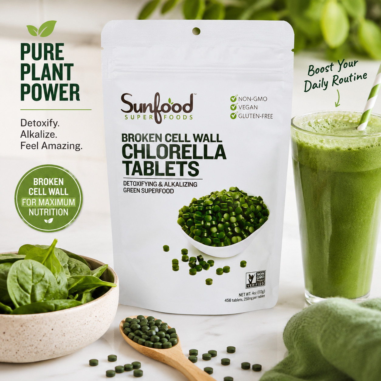 Sunfood Superfoods Chlorella Tablets Broken Cell Wall Algae Chlorophyll Supplement Non GMO Vegan Bag 4 oz