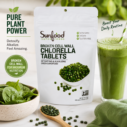 Sunfood Superfoods Chlorella Tablets Broken Cell Wall Algae Chlorophyll Supplement Non GMO Vegan Bag 4 oz