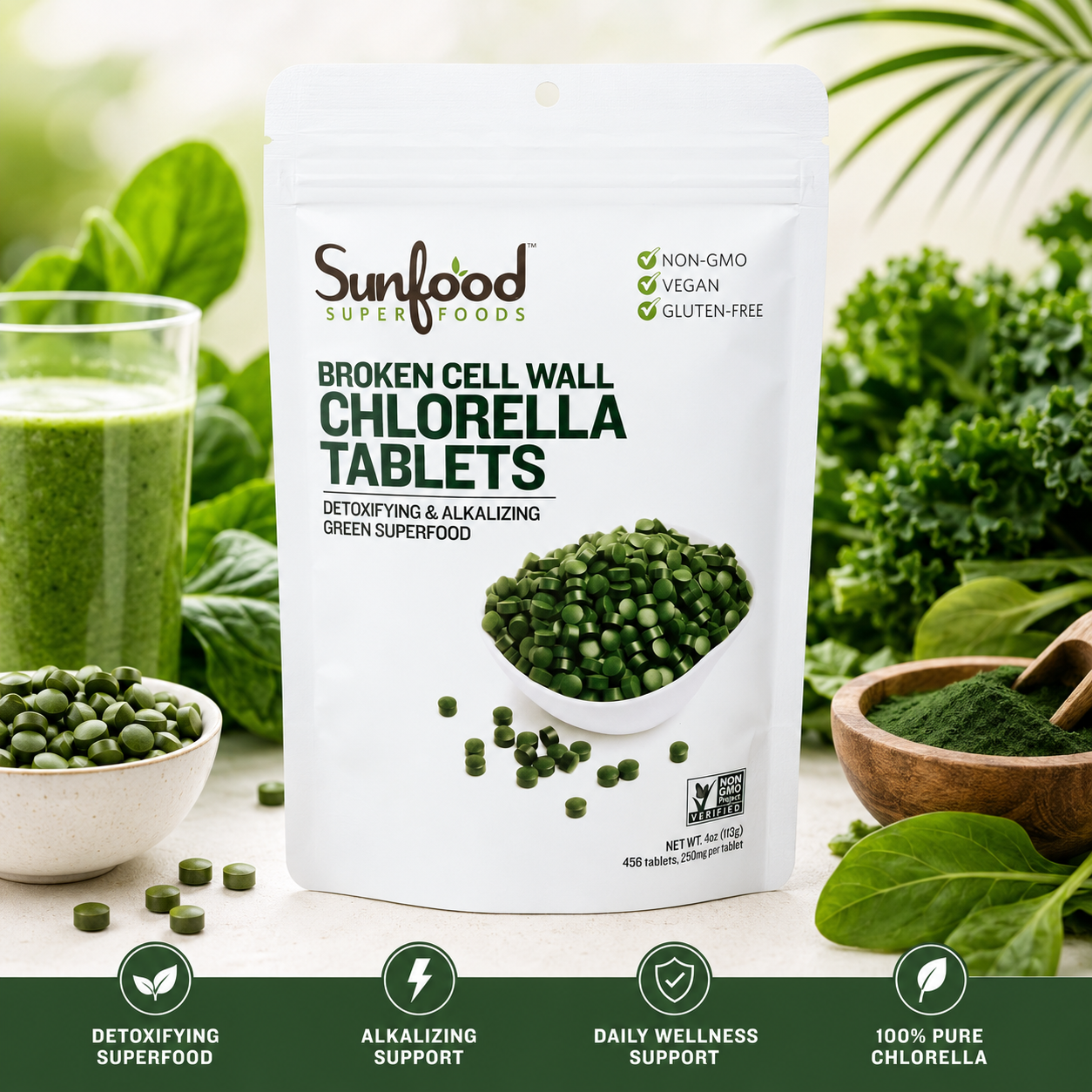 Sunfood Superfoods Chlorella Tablets Broken Cell Wall Algae Chlorophyll Supplement Non GMO Vegan Bag 4 oz