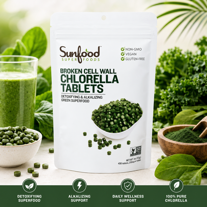 Sunfood Superfoods Chlorella Tablets Broken Cell Wall Algae Chlorophyll Supplement Non GMO Vegan Bag 4 oz
