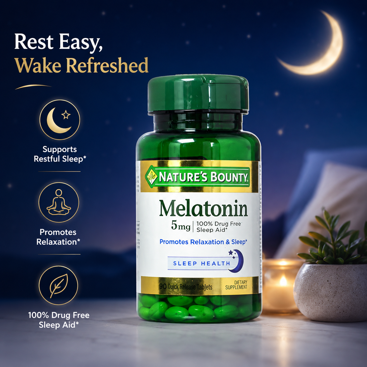 Nature's Bounty Melatonin Dietary Supplement Sleep Aid 90 ct Promotes Relaxation and Sleep Health 100% Drug Free 0.00 oz