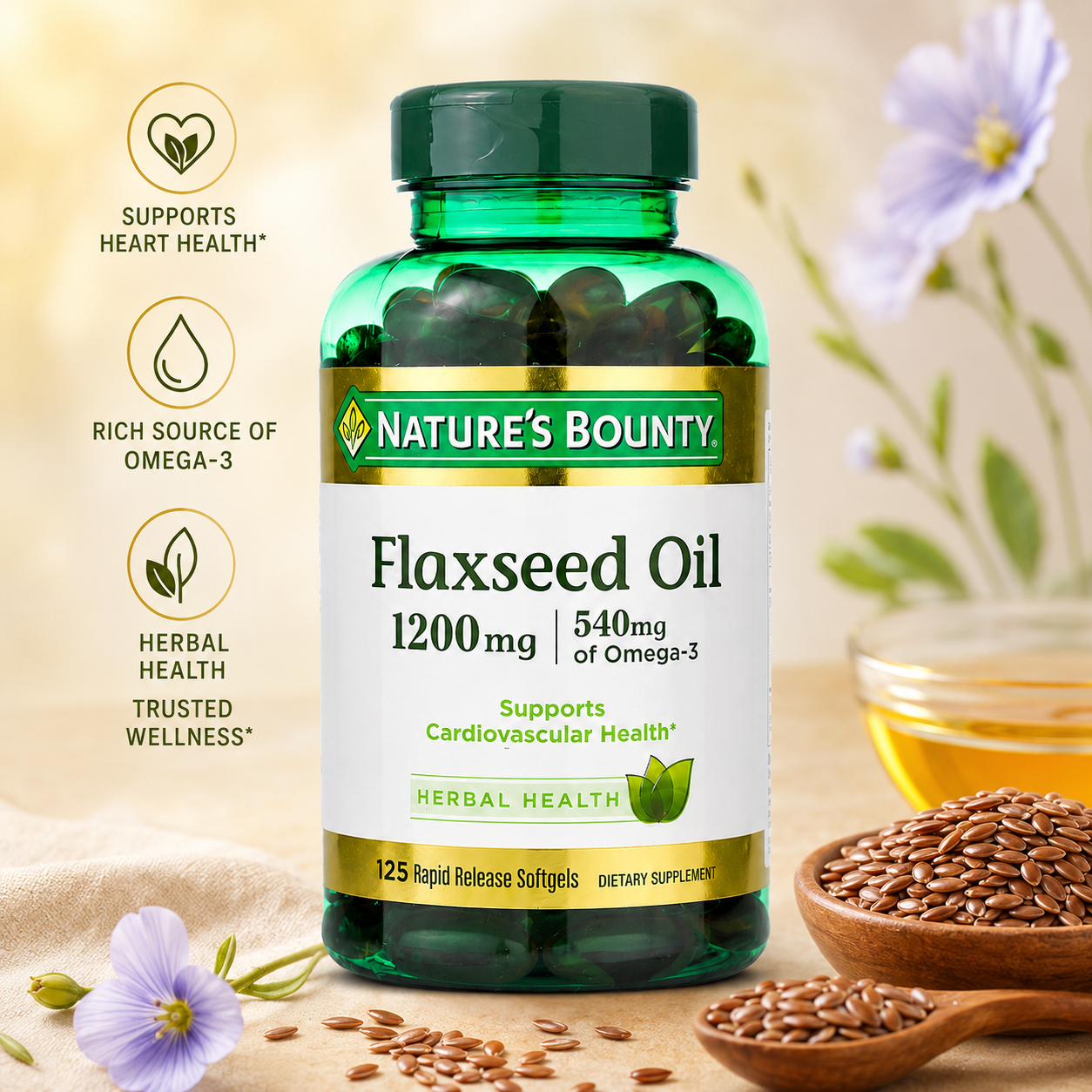 Nature's Bounty Flaxseed Oil Rapid Release Softgels Natural White 125 ct 0.04 oz
