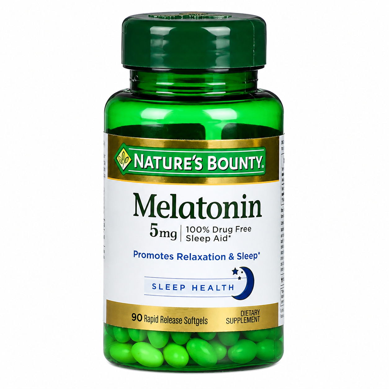 Nature's Bounty Melatonin 100% Drug Free Sleep Aid Dietary Supplement 90 Rapid Release Softgels Promotes Relaxation and Sleep Health 0.00 oz