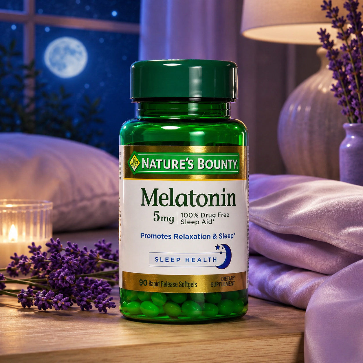 Nature's Bounty Melatonin 100% Drug Free Sleep Aid Dietary Supplement 90 Rapid Release Softgels Promotes Relaxation and Sleep Health 0.00 oz