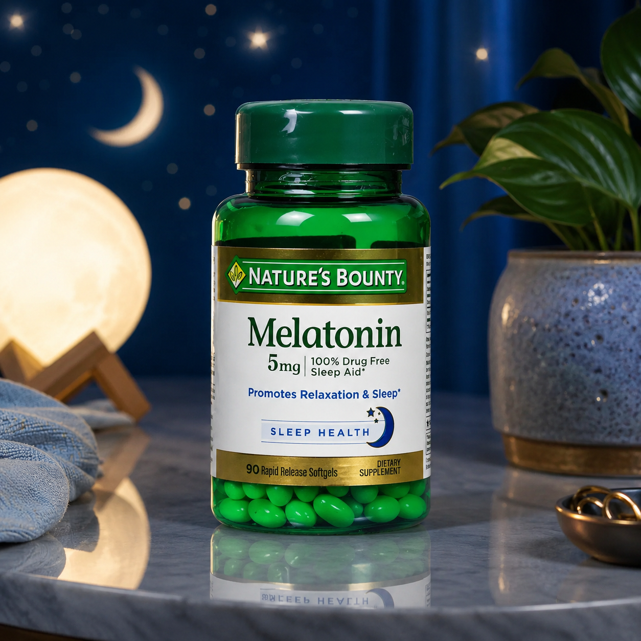 Nature's Bounty Melatonin 100% Drug Free Sleep Aid Dietary Supplement 90 Rapid Release Softgels Promotes Relaxation and Sleep Health 0.00 oz