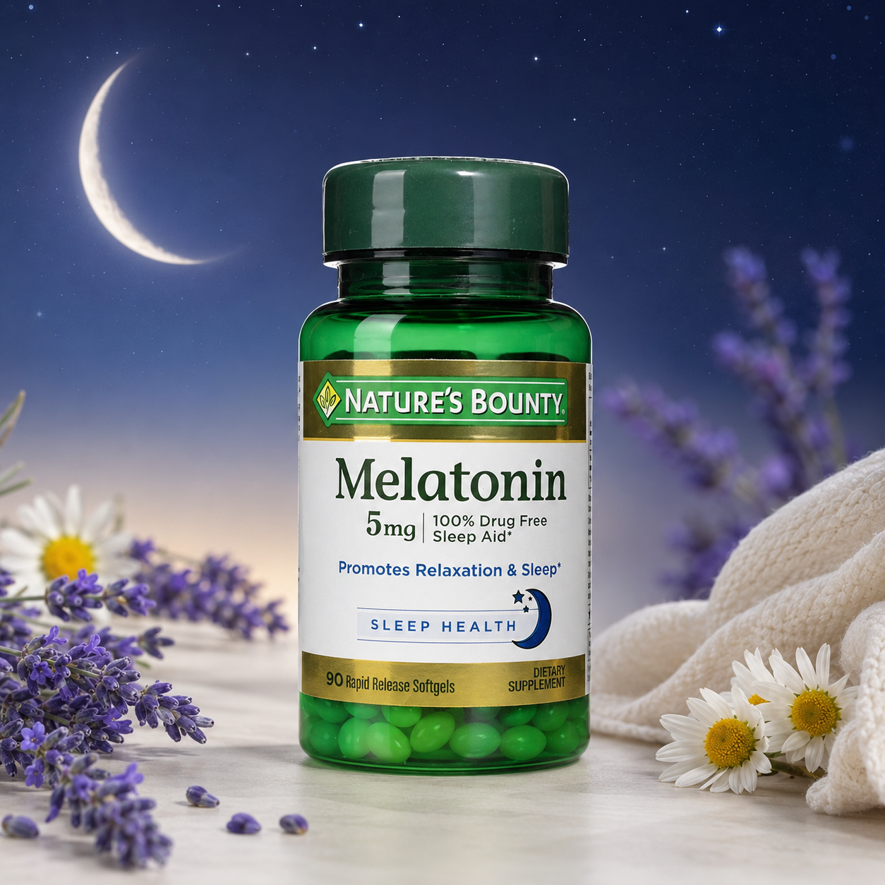 Nature's Bounty Melatonin 100% Drug Free Sleep Aid Dietary Supplement 90 Rapid Release Softgels Promotes Relaxation and Sleep Health 0.00 oz