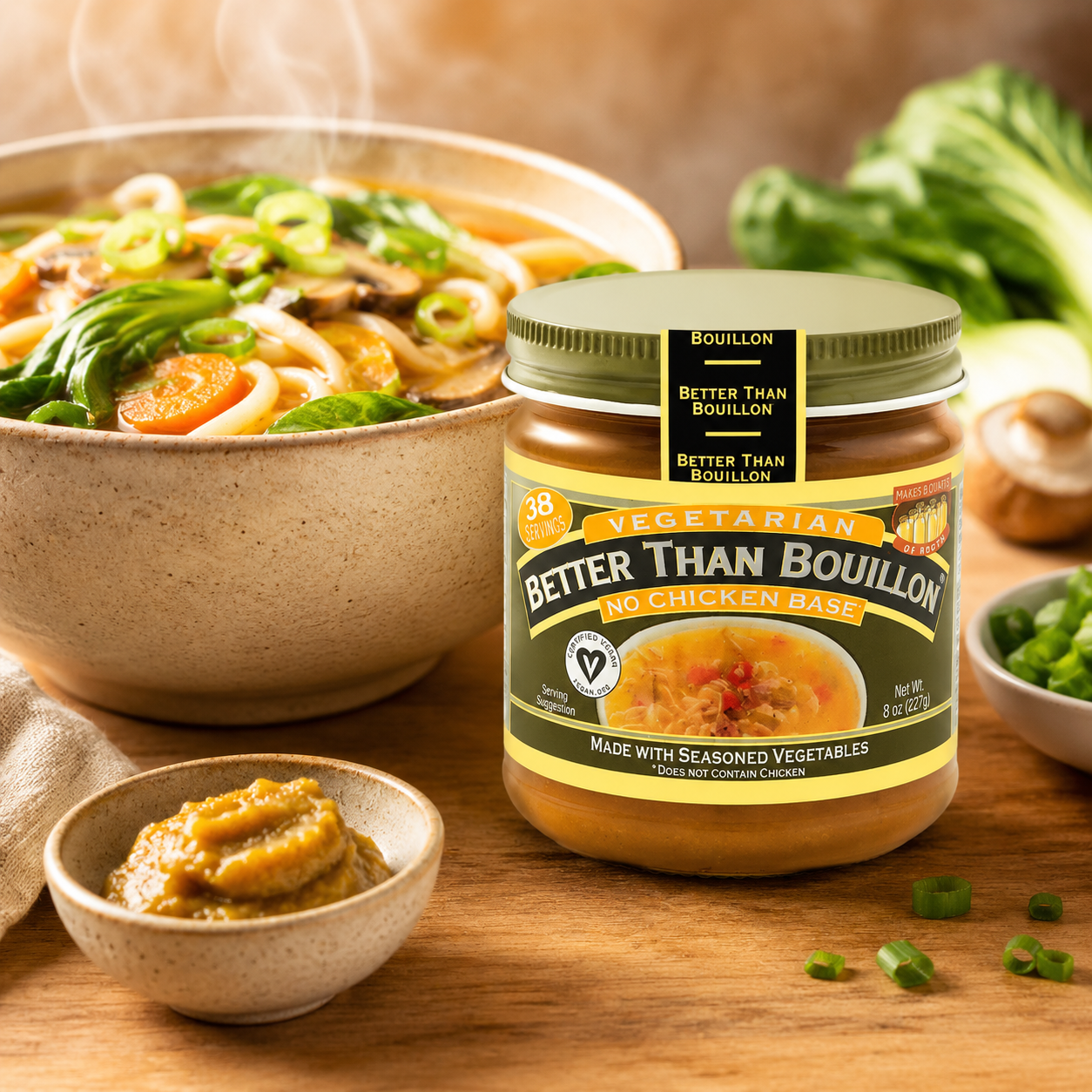 Better Than Bouillon Vegetarian No Chicken Base Made with Seasoned Vegetables Certified Vegan Makes 9.5 Quarts of Broth 38 Servings Jar 8 oz
