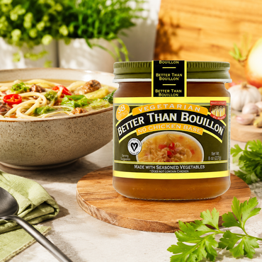 Better Than Bouillon Vegetarian No Chicken Base Made with Seasoned Vegetables Certified Vegan Makes 9.5 Quarts of Broth 38 Servings Jar 8 oz