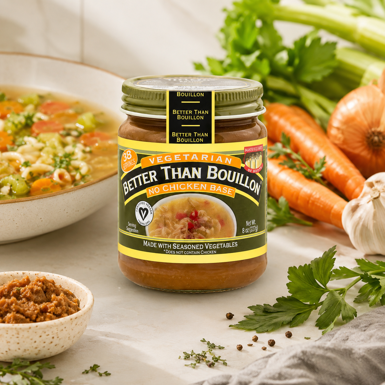 Better Than Bouillon Vegetarian No Chicken Base Made with Seasoned Vegetables Certified Vegan Makes 9.5 Quarts of Broth 38 Servings Jar 8 oz