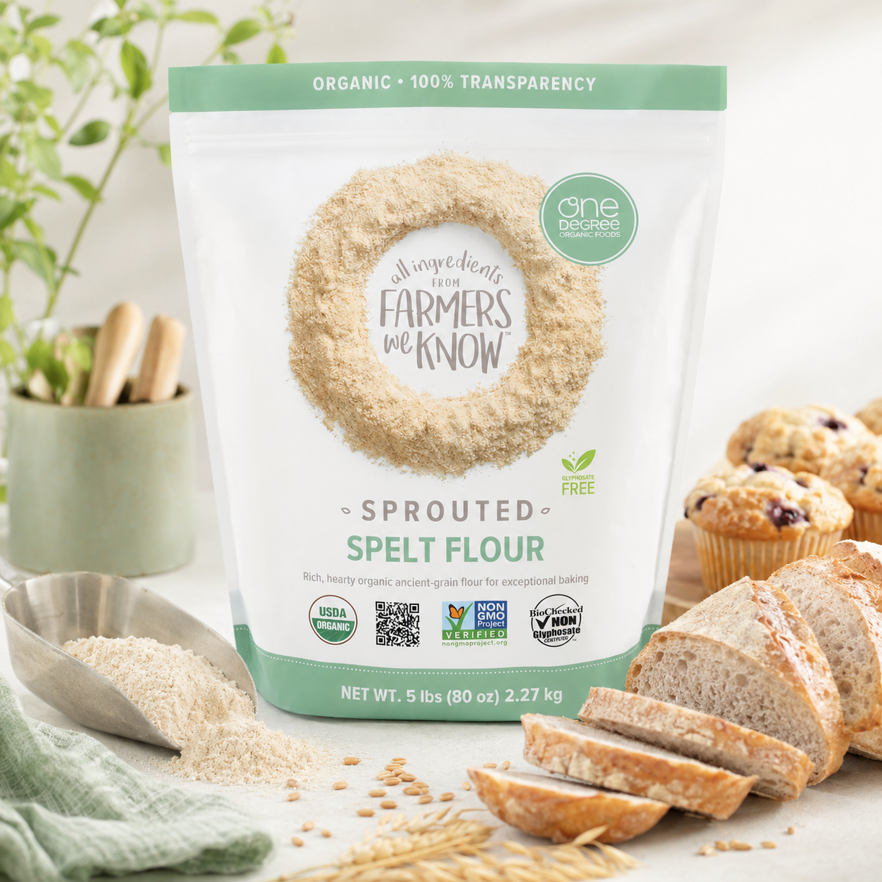 One Degree Organics Sprouted Spelt Flour Whole Grain Baking Flour 80 ounce