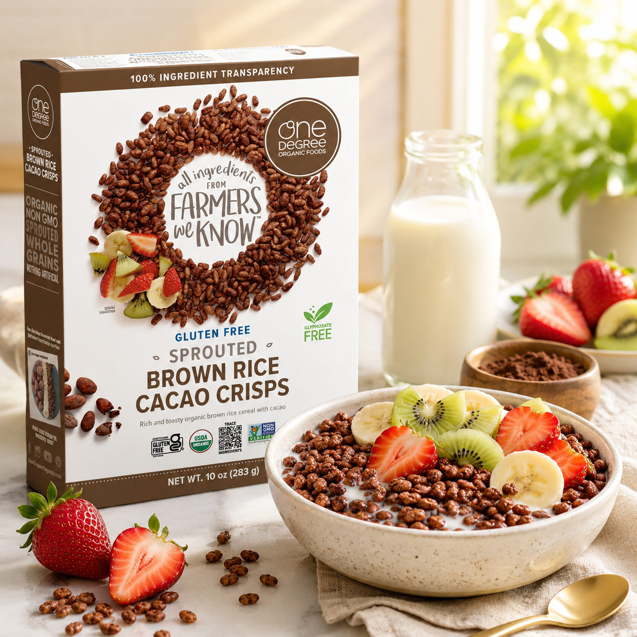 One Degree Organics Chocolate Brown Sprouted Brown Rice Cacao Crisps Cereal Whole Grain 10 ounce