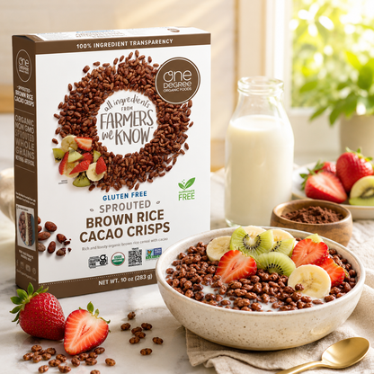 One Degree Organics Chocolate Brown Sprouted Brown Rice Cacao Crisps Cereal Whole Grain 10 ounce