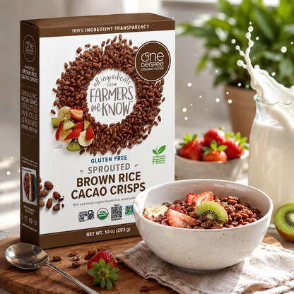 One Degree Organics Chocolate Brown Sprouted Brown Rice Cacao Crisps Cereal Whole Grain 10 ounce