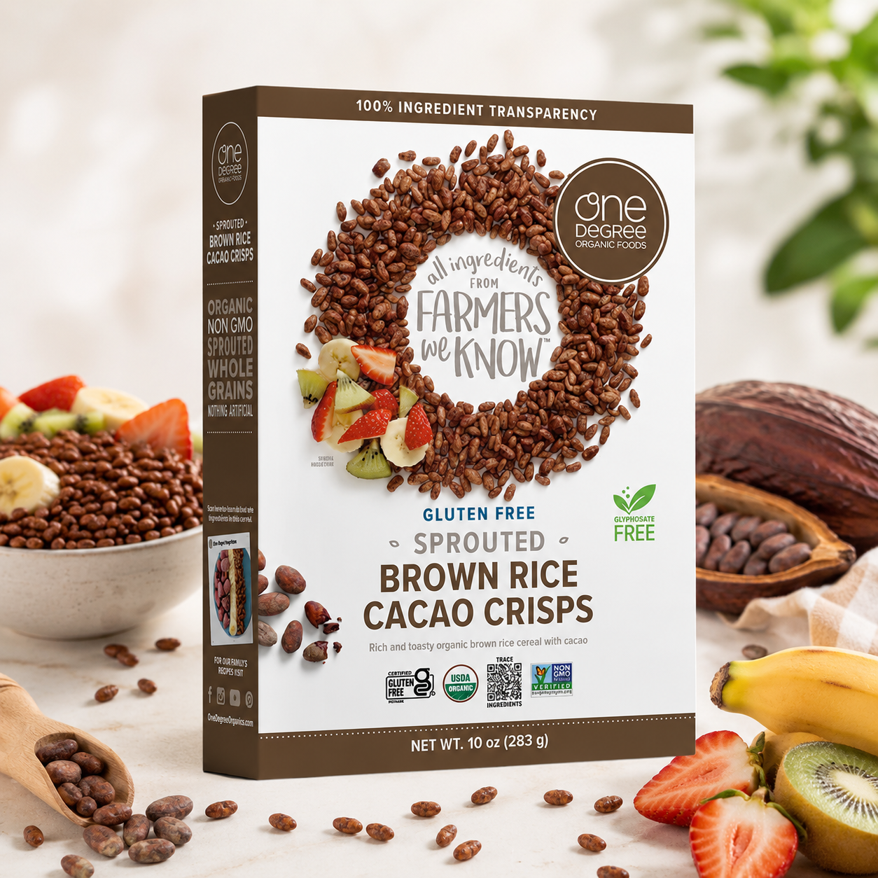One Degree Organics Chocolate Brown Sprouted Brown Rice Cacao Crisps Cereal Whole Grain 10 ounce