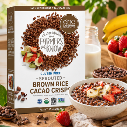One Degree Organic Foods Chocolate Brown Sprouted Brown Rice Cacao Crisps Chocolate Cereal . 10 oz