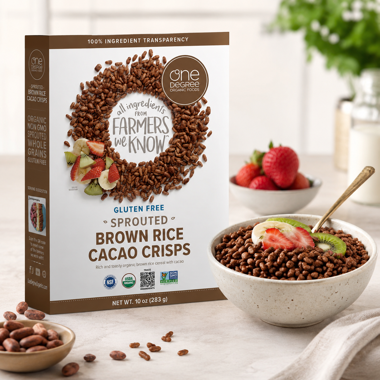 One Degree Organic Foods Chocolate Brown Sprouted Brown Rice Cacao Crisps Chocolate Cereal . 10 oz