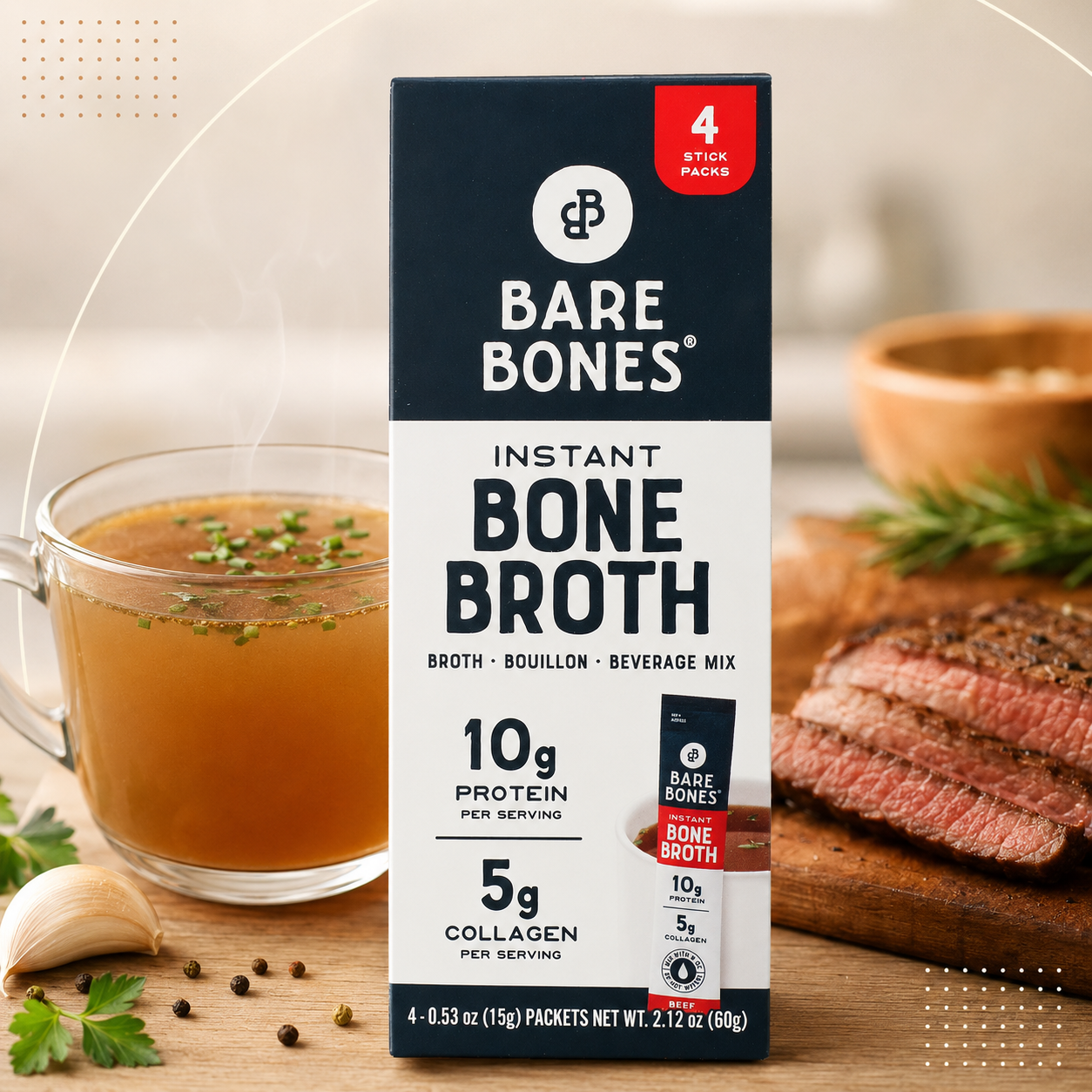 Bare Bones Beef Bone Broth Instant Powdered Mix Packets