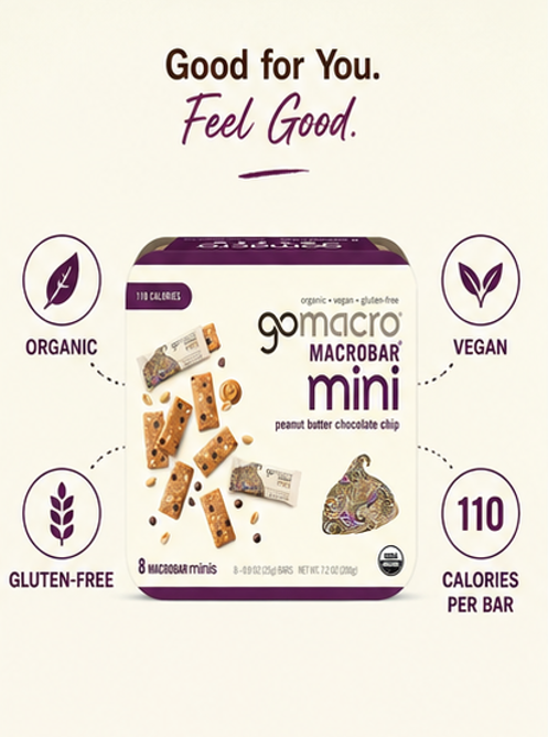 GoMacro Organic Peanut Butter Chocolate Chip Mini MacroBars Snack Food Bars 7.2 oz