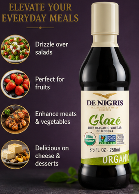 De Nigris Organic Aged Balsamic Vinegar Glaze Modena Italy 8.5 fl oz