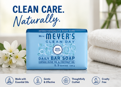 Mrs. MEYER'S Clean Day Bar Soap Rain Water Scent Made with Essential Oils Use as Body Wash or Hand Soap 5.3 oz