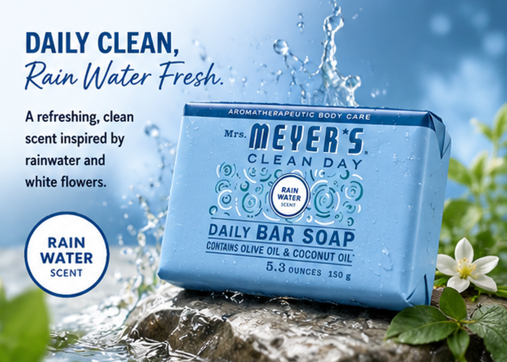 Mrs. MEYER'S Clean Day Bar Soap Rain Water Scent Made with Essential Oils Use as Body Wash or Hand Soap 5.3 oz