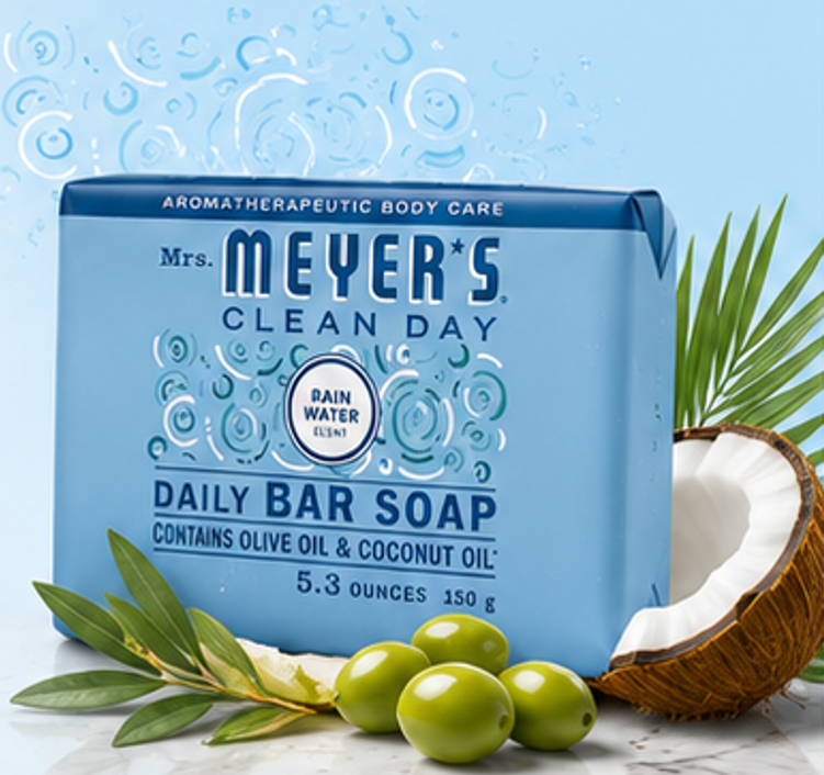 Mrs. MEYER'S Clean Day Bar Soap Rain Water Scent Made with Essential Oils Use as Body Wash or Hand Soap 5.3 oz