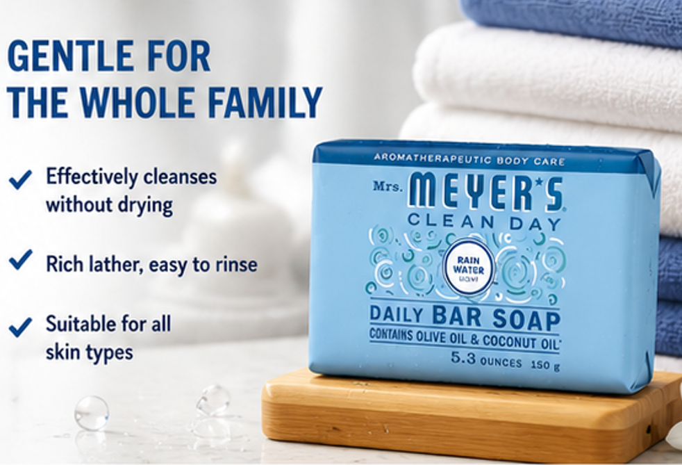 Mrs. MEYER'S Clean Day Bar Soap Rain Water Scent Made with Essential Oils Use as Body Wash or Hand Soap 5.3 oz