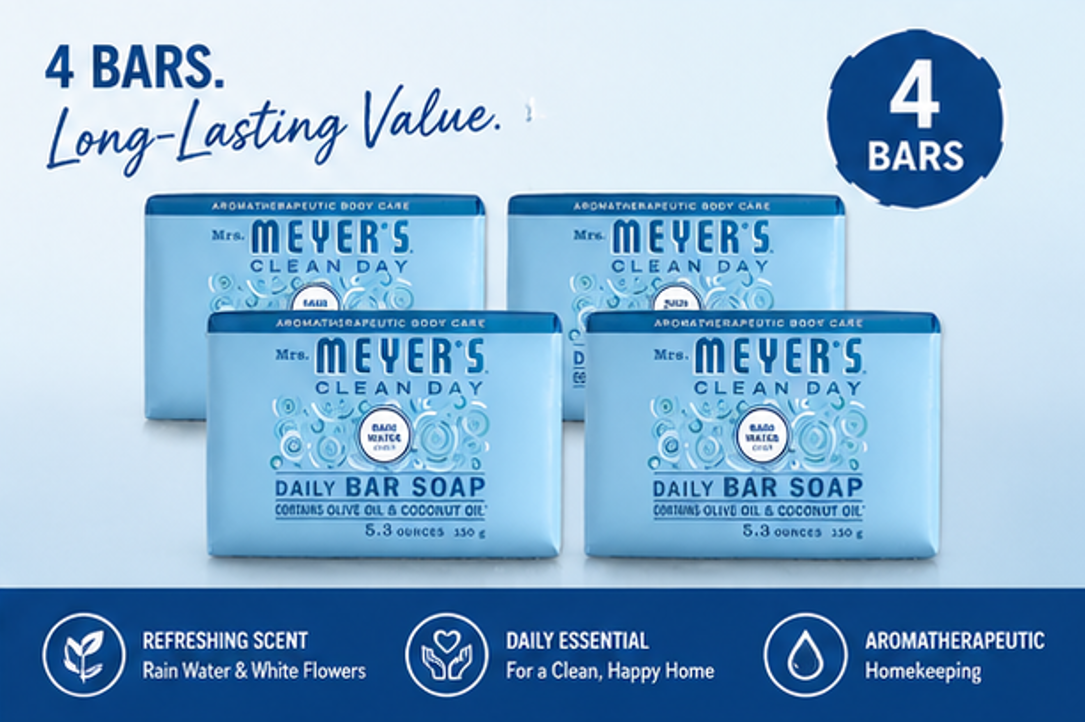Mrs. MEYER'S Clean Day Bar Soap Rain Water Scent Made with Essential Oils Use as Body Wash or Hand Soap 5.3 oz