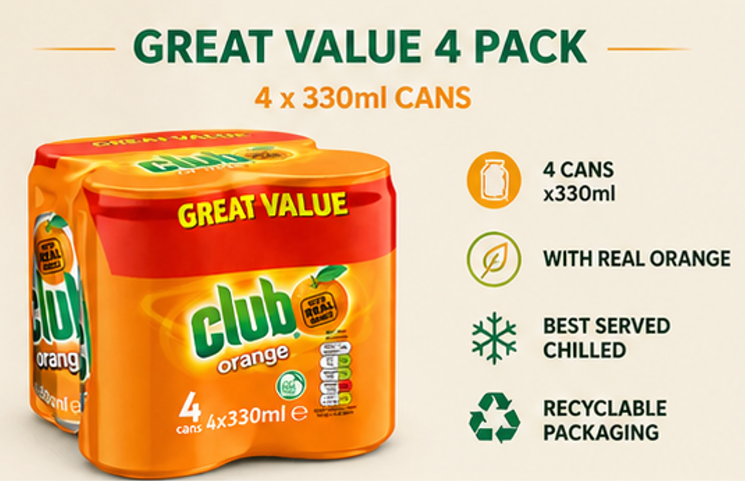 Club Orange Orange Soda Beverage Imported from Ireland Cans 11.2 oz