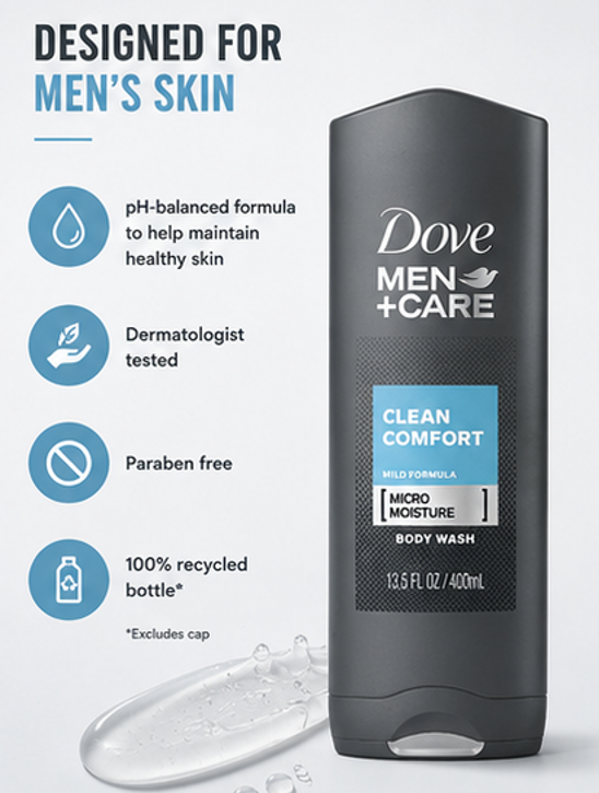 Dove Men + Care Body & Face Wash, Clean Comfort, 13.53 Fl Oz (Pack of 2)