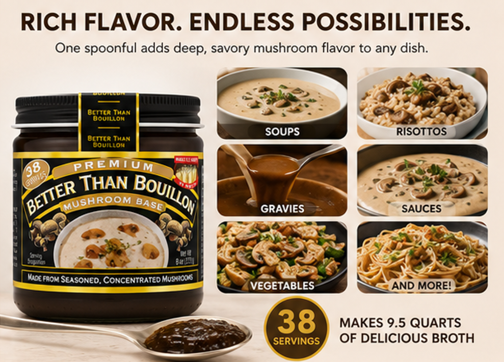 Better Than Bouillon Premium Mushroom Base Made from Seasoned & Concentrated Mushrooms Makes 9.5 Quarts of Broth 38 Servings 8 oz