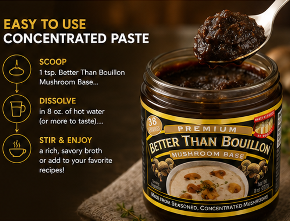 Better Than Bouillon Premium Mushroom Base Made from Seasoned & Concentrated Mushrooms Makes 9.5 Quarts of Broth 38 Servings 8 oz