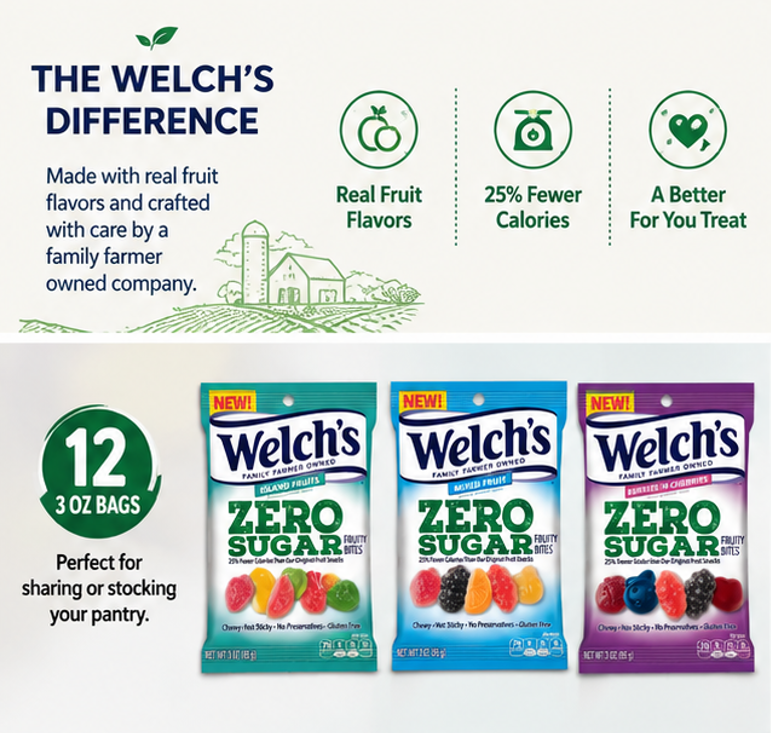 Welch's Zero Sugar Fruity Bites Variety Pack - Mixed Fruit, Berries 'N Cherries & Island Fruit, 3 oz Packs