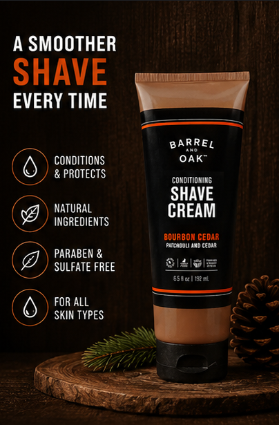 Barrel and Oak Conditioning Shave Cream Men's Face Moisturizing Caffeine & Antioxidant-Rich Prevents Nicks & Bumps Vegan Bourbon Cedar Scent 6.5 oz