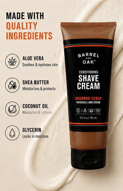 Barrel and Oak Conditioning Shave Cream Men's Face Moisturizing Caffeine & Antioxidant-Rich Prevents Nicks & Bumps Vegan Bourbon Cedar Scent 6.5 oz