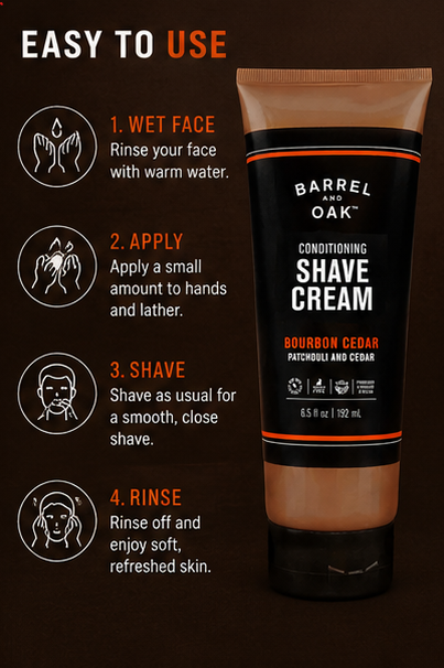 Barrel and Oak Conditioning Shave Cream Men's Face Moisturizing Caffeine & Antioxidant-Rich Prevents Nicks & Bumps Vegan Bourbon Cedar Scent 6.5 oz