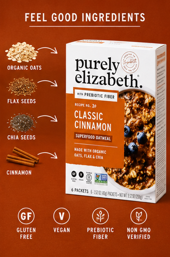 Purely Elizabeth Superfood Vegan Oatmeal Classic Cinnamon 9.12 Oz 6 Packets