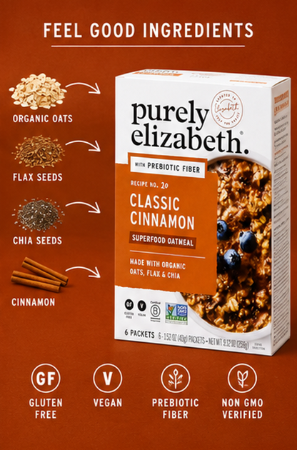 Purely Elizabeth Superfood Vegan Oatmeal Classic Cinnamon 9.12 Oz 6 Packets