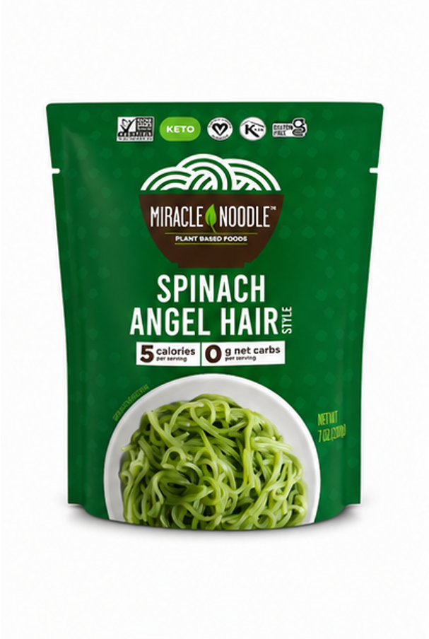 Miracle Noodle Spinach Angel Hair Pasta Shirataki Noodles Keto Vegan Gluten-Free Paleo Low Calorie Low Carb Soy Free Non-GMO Konjac 7 oz