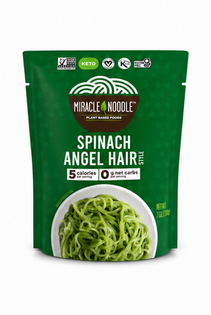 Miracle Noodle Spinach Angel Hair Pasta Shirataki Noodles Keto Vegan Gluten-Free Paleo Low Calorie Low Carb Soy Free Non-GMO Konjac 7 oz