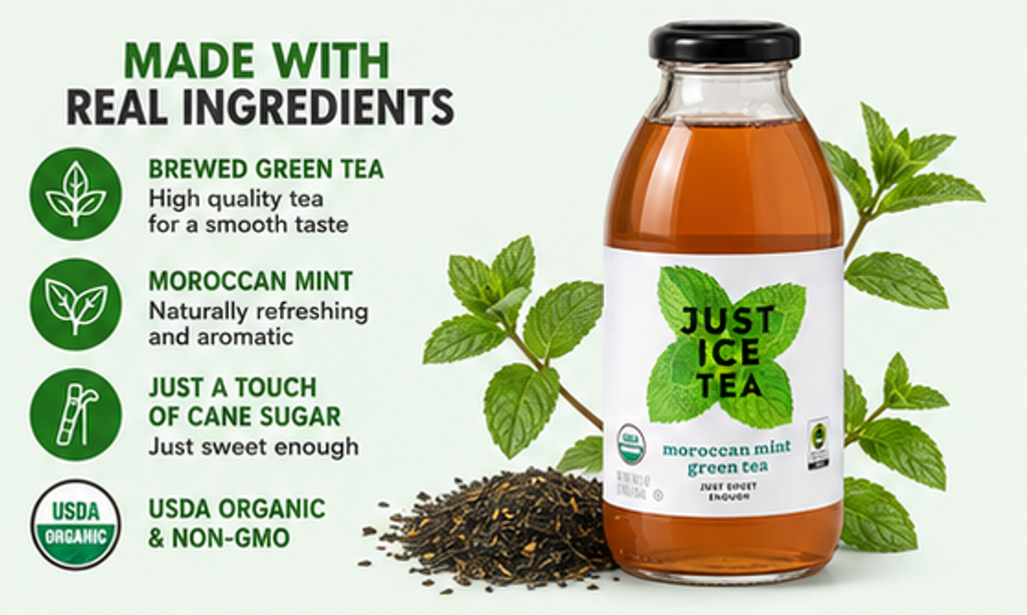 Just Ice Tea, Tea Green Moroccan Mint Organic, 16 Fl Oz