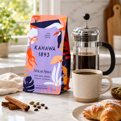 KAHAWA 1893 Medium Roast Ground Coffee African Spice With Cinnamon Cardamom & Clove High Antioxidants Organically Grown 12 oz