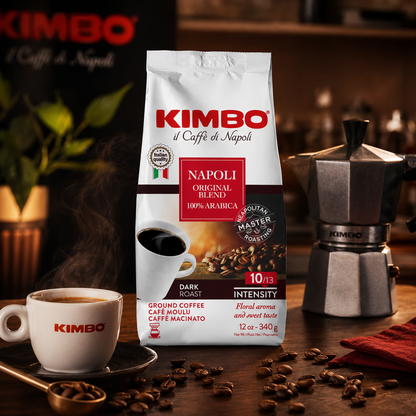 Kimbo Napoli Original Blend 100% Arabica Ground Coffee | 10/13 Intensity | Dark Roast with Floral & Sweet Flavor | 12 oz (340g) bag